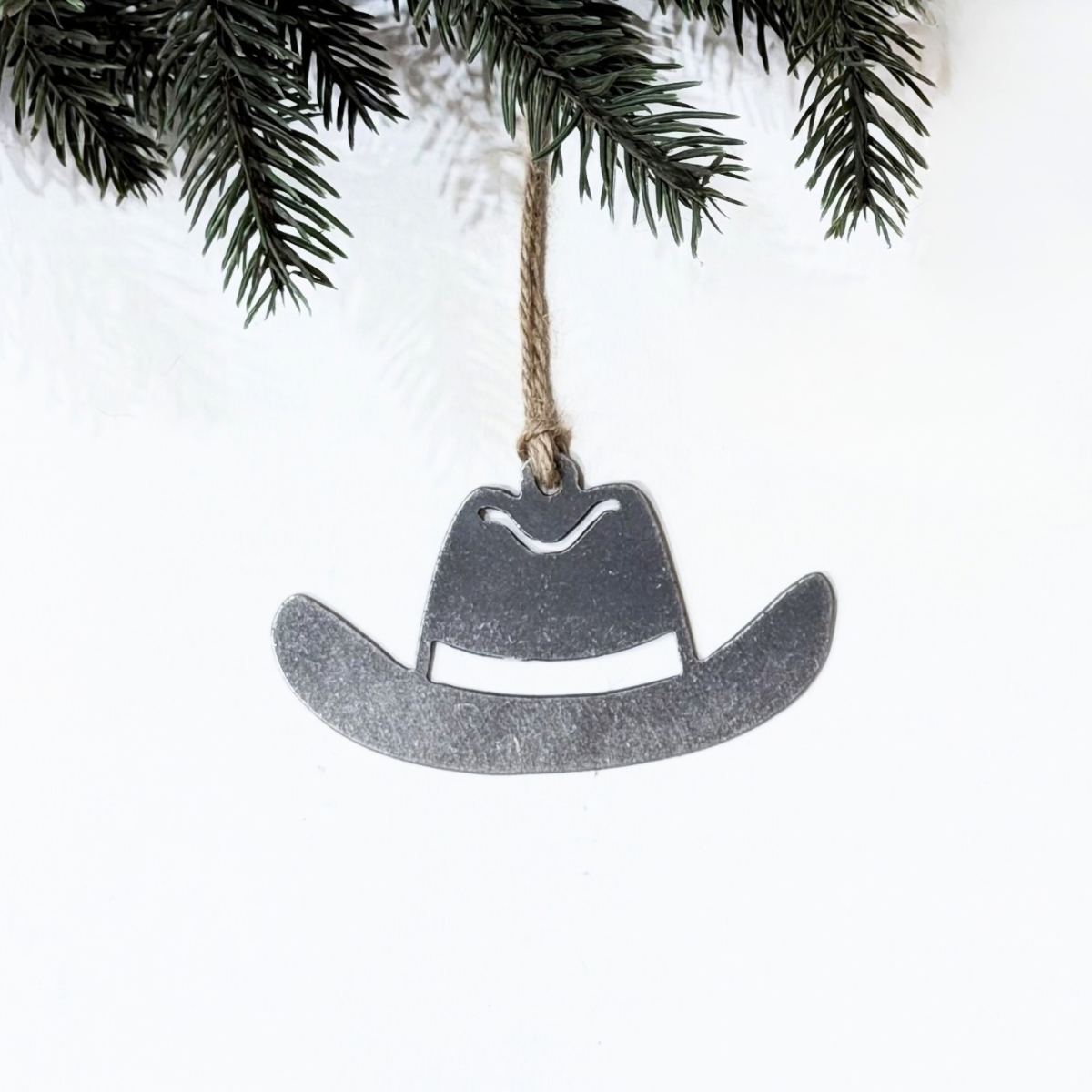 Cowboy hat Christmas ornament made from recycled steel