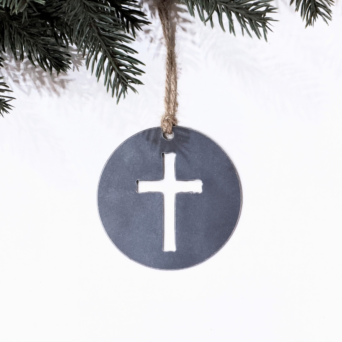 Cross Christmas ornament made from recycled steel