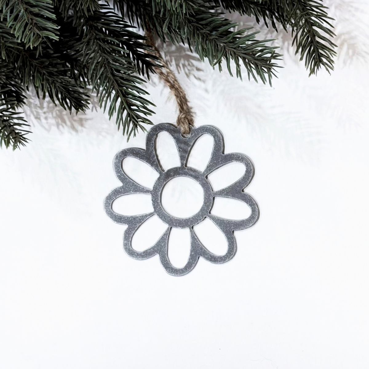 Daisy Christmas ornament made from recycled steel