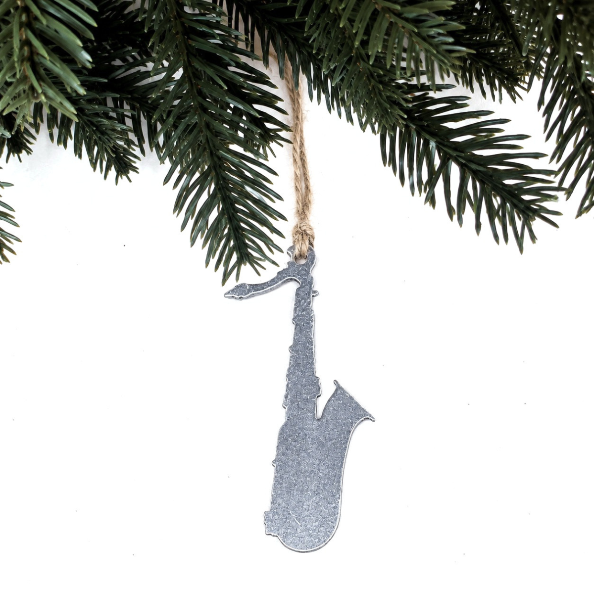 Saxophone Christmas ornament made from recycled steel