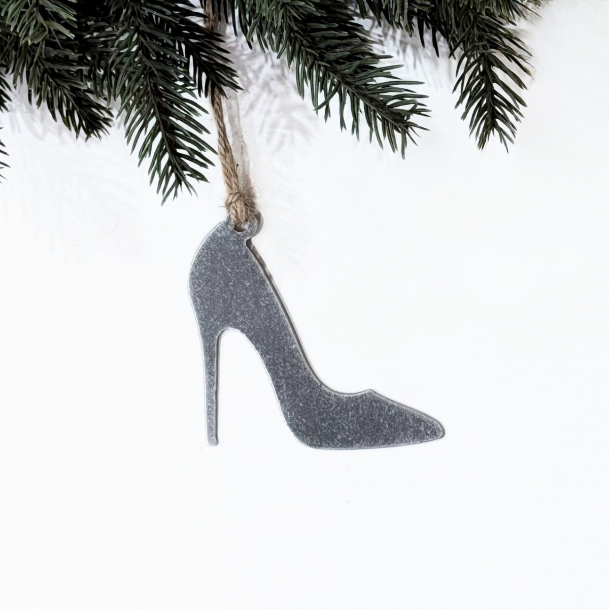 High heel stiletto shoe Christmas ornament made from recycled steel