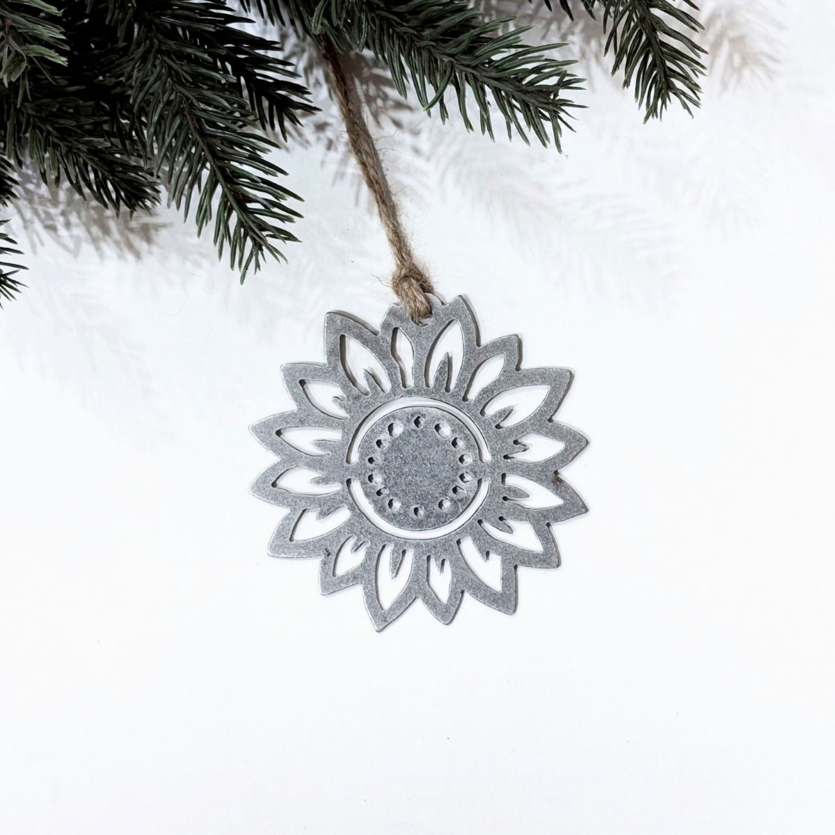 Sunflower Christmas ornament made from recycled steel