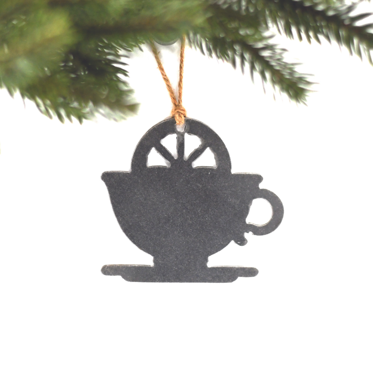Tea Cup Coffee Steel Christmas Tree Ornament. Keystone Steel Co