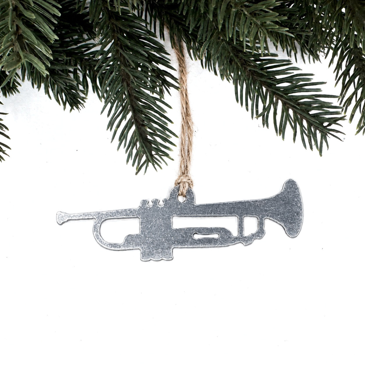 Trumpet Christmas ornament made from recycled steel