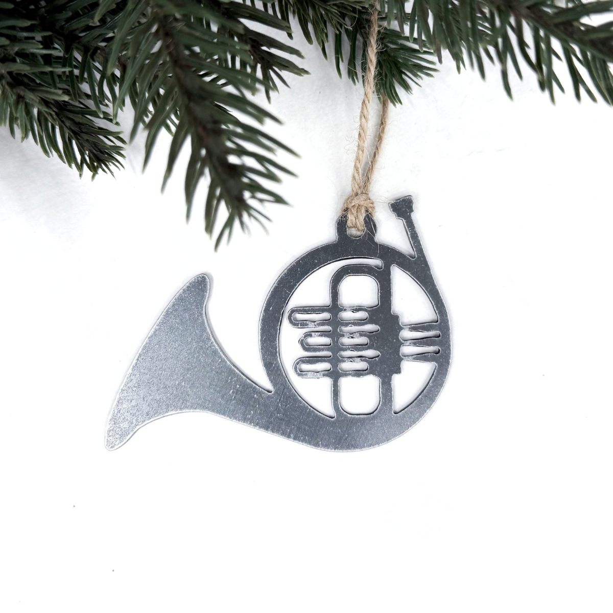 French horn Christmas ornament made from recycled steel