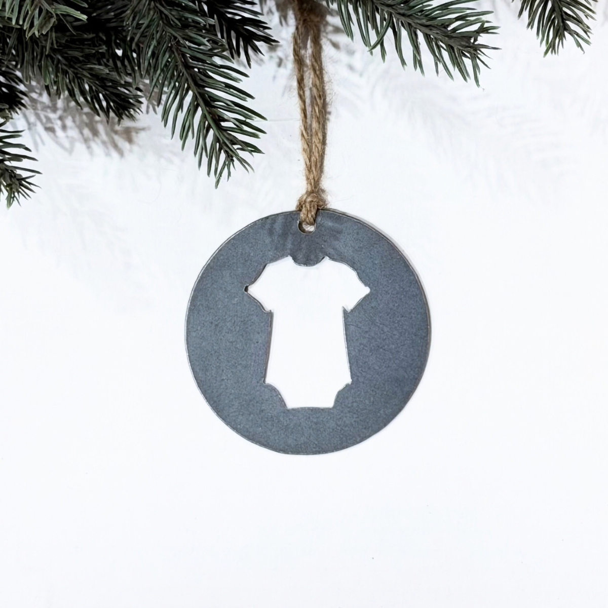 Baby onesie Christmas ornament made from recycled steel