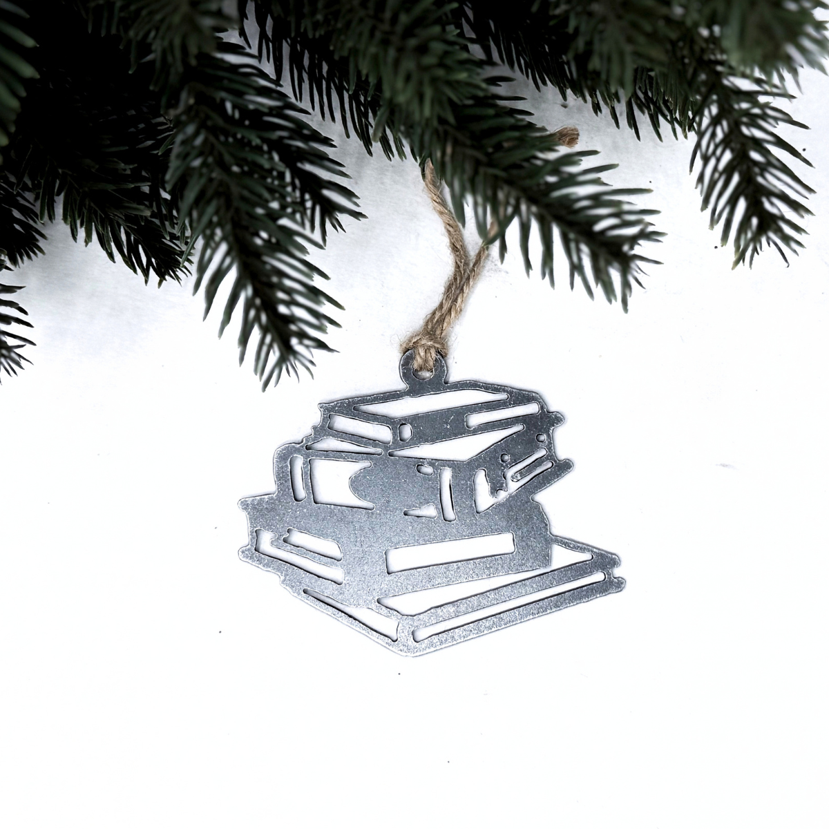 Book stack Christmas ornament for book lovers made from recycled steel