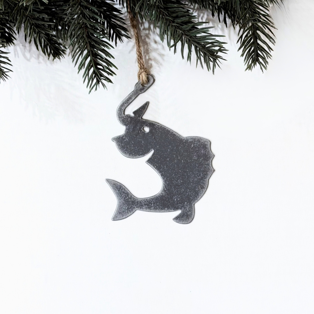 Fishing Christmas ornament made from recycled steel