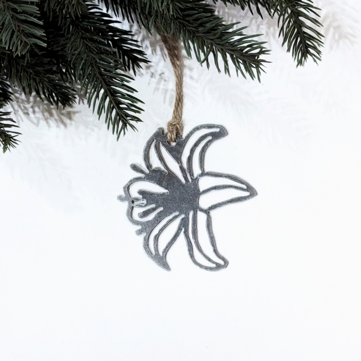 Iris Christmas ornament made from recycled steel