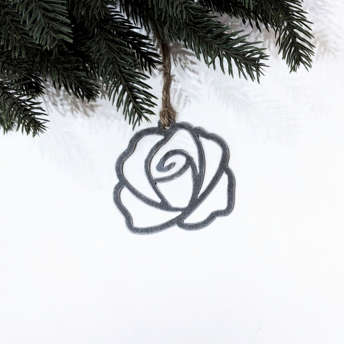 Rose Christmas ornament made from recycled steel