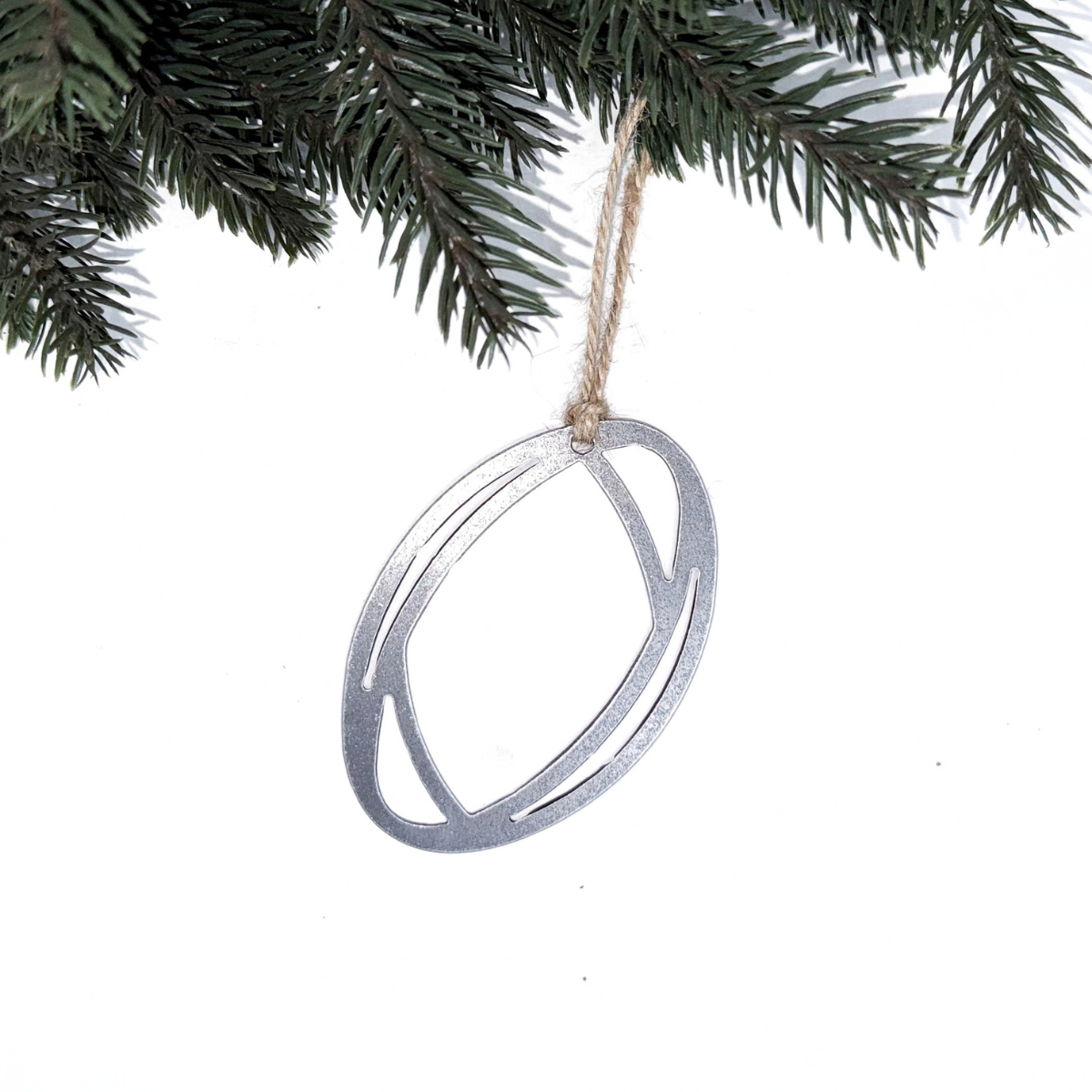 Rugby Christmas ornament made from recycled steel